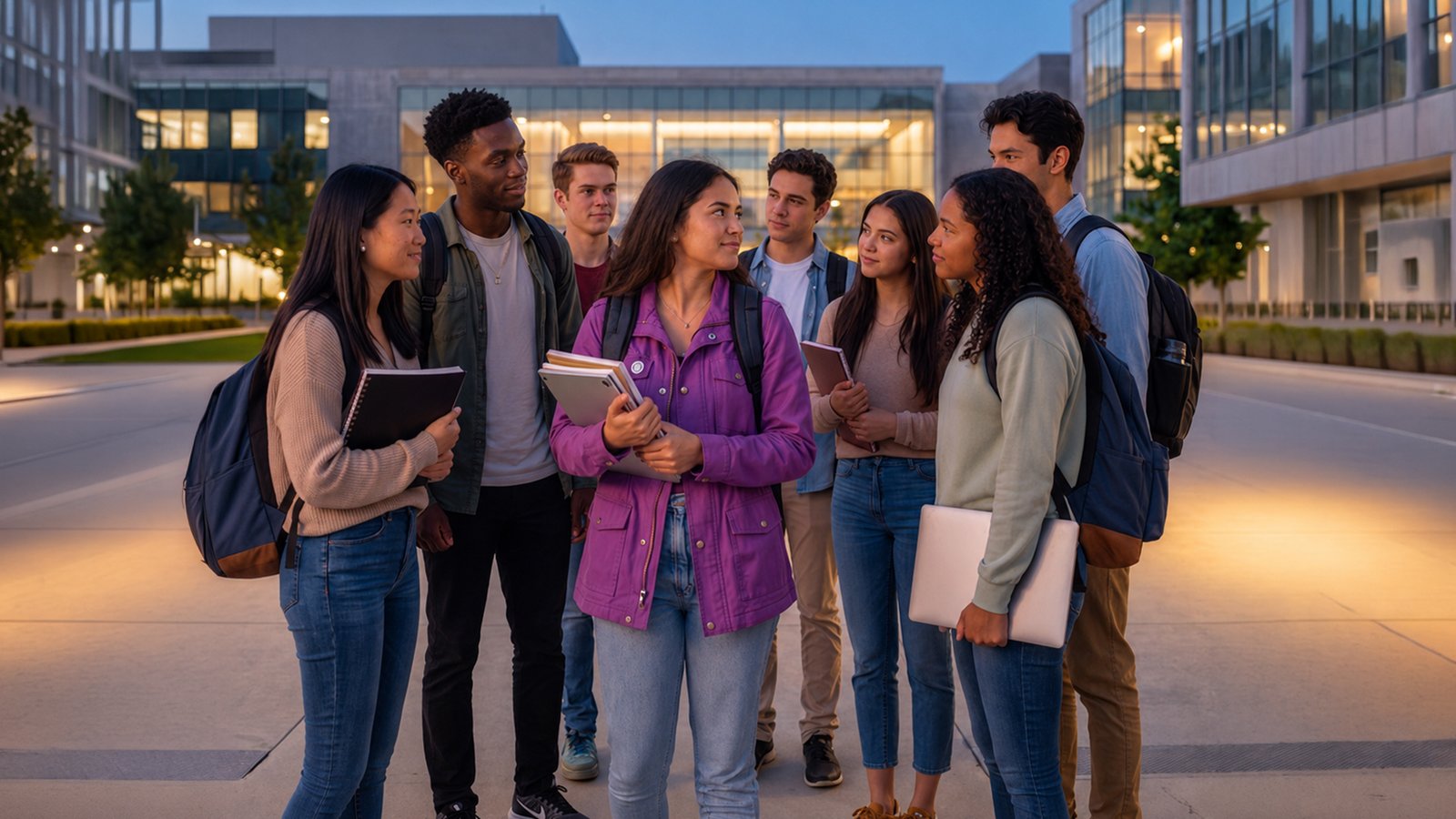 Grupo de jovens estudantes conversa em frente a uma universidade