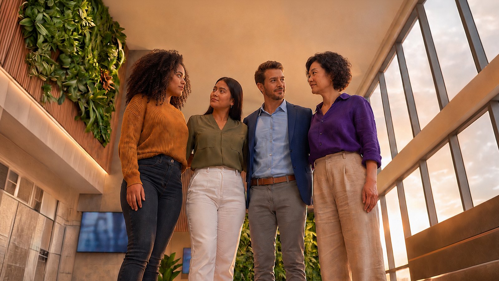Equipe diversa reunida no saguão de um edifício corporativo